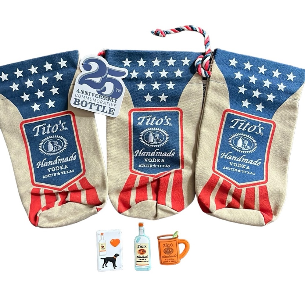 3 Tito’s Vodka bags and 3 magnets